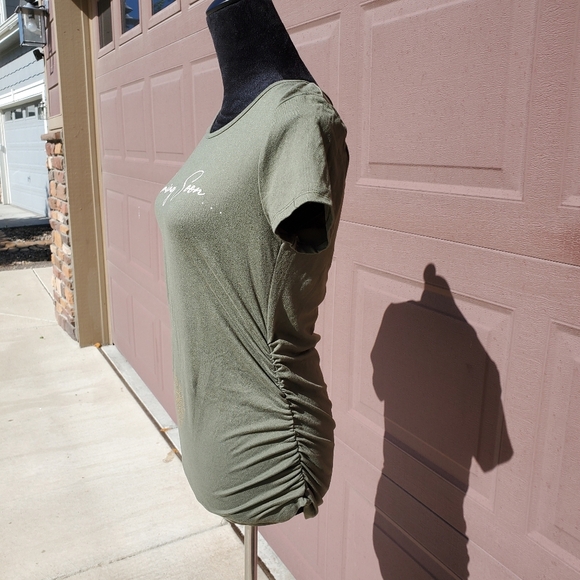 Love Wish Olive Green "Coming Soon" Gold Metallic Graphic Maternity Top Small - Picture 3 of 14